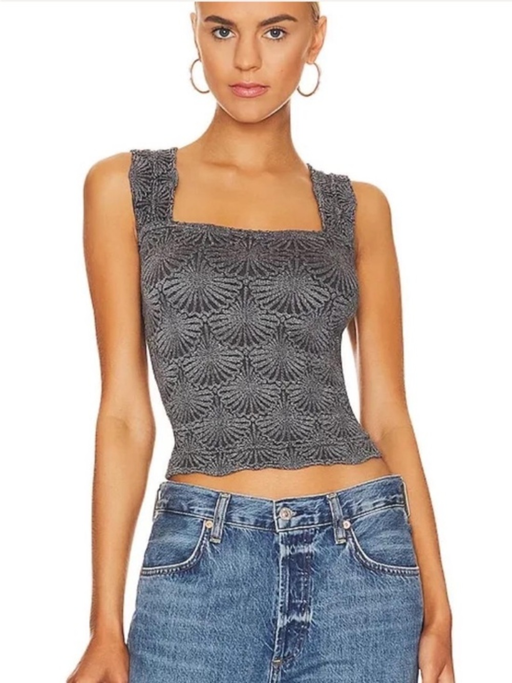 Free People Love Letter Charcoal black  Textured Square-Neck Tank top shirt M/L